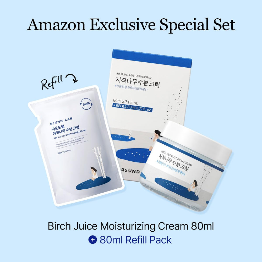 ROUND LAB Birch Juice Moisturizing Cream set packaging highlights value and refill.