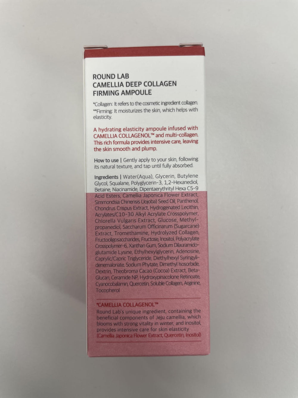 ROUND LAB Camellia Deep Collagen Ampoule packaging, premium Korean skincare presentation.
