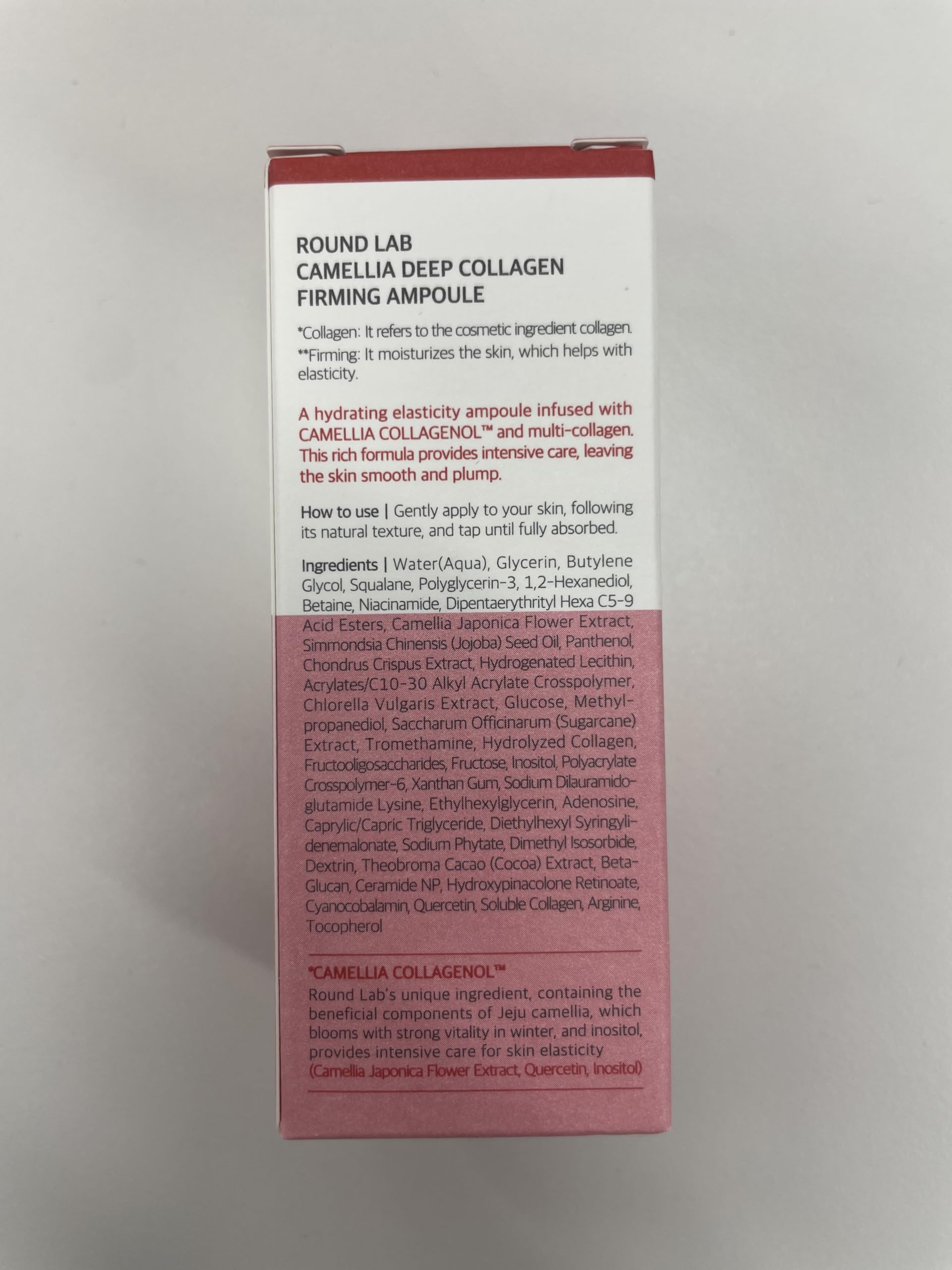 ROUND LAB Camellia Deep Collagen Ampoule on shelf hints pore-tightening and renewed skin texture.