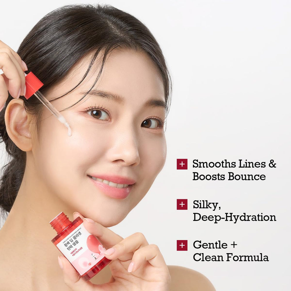 ROUND LAB Camellia Deep Collagen Ampoule texture close-up emphasizes rich formula for deep hydration.