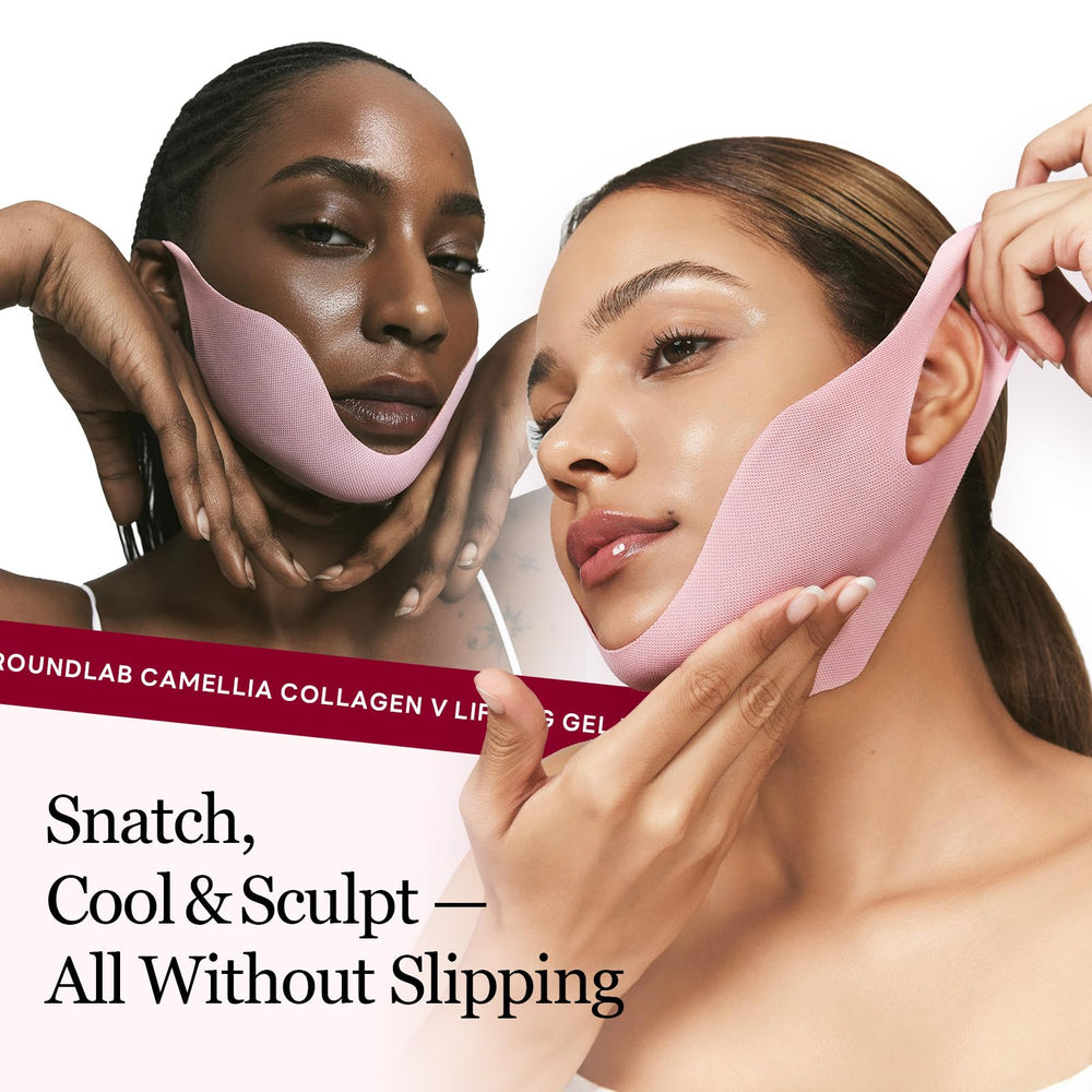 ROUND LAB Camellia Deep Collagen V Lifting Mask applied to jawline for a tighter look.