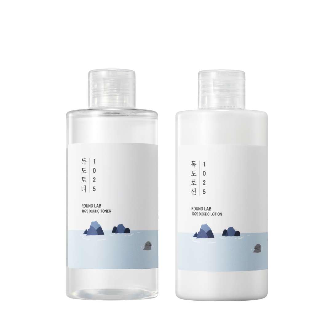 ROUND LAB Dokdo Toner bottle showing hydrating watery texture for sensitive skin