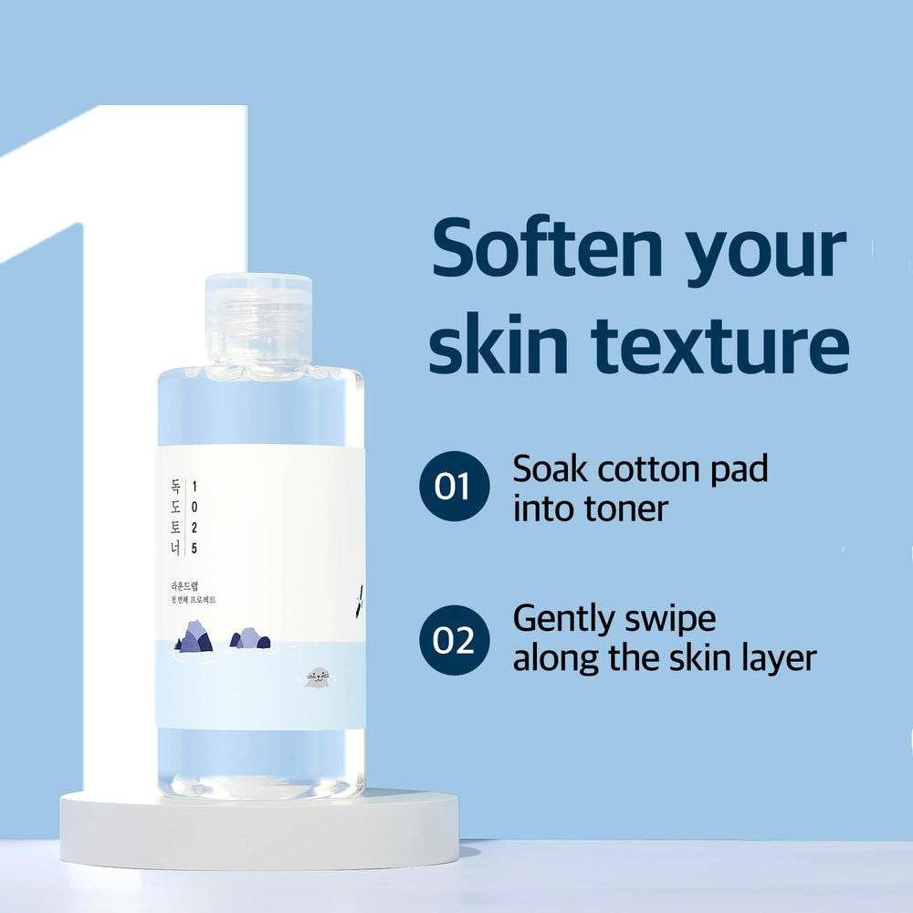 ROUND LAB Dokdo Toner in morning routine backdrop communicates lightweight hydration.
