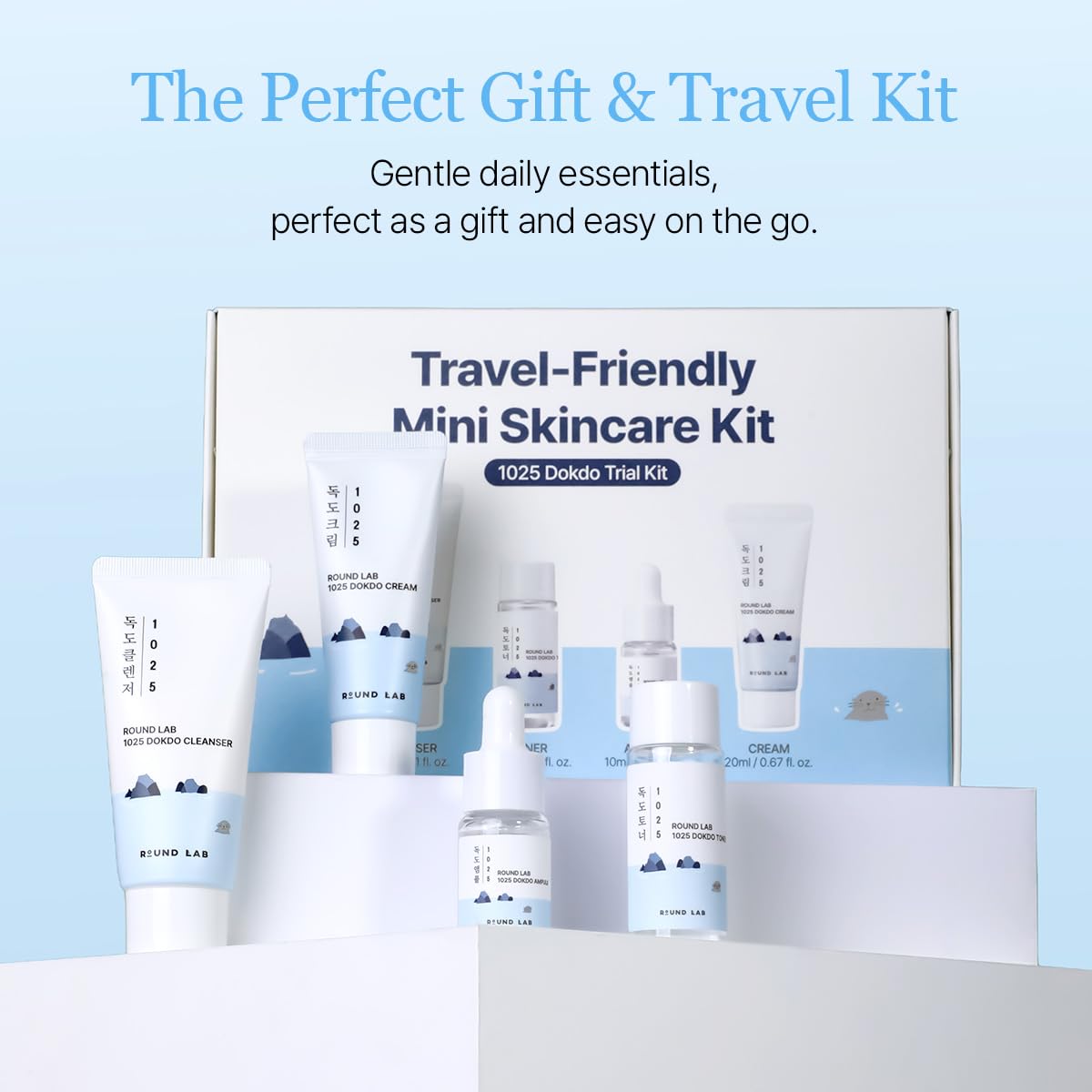 ROUND LAB Dokdo travel bag compact display for on-the-go routine.