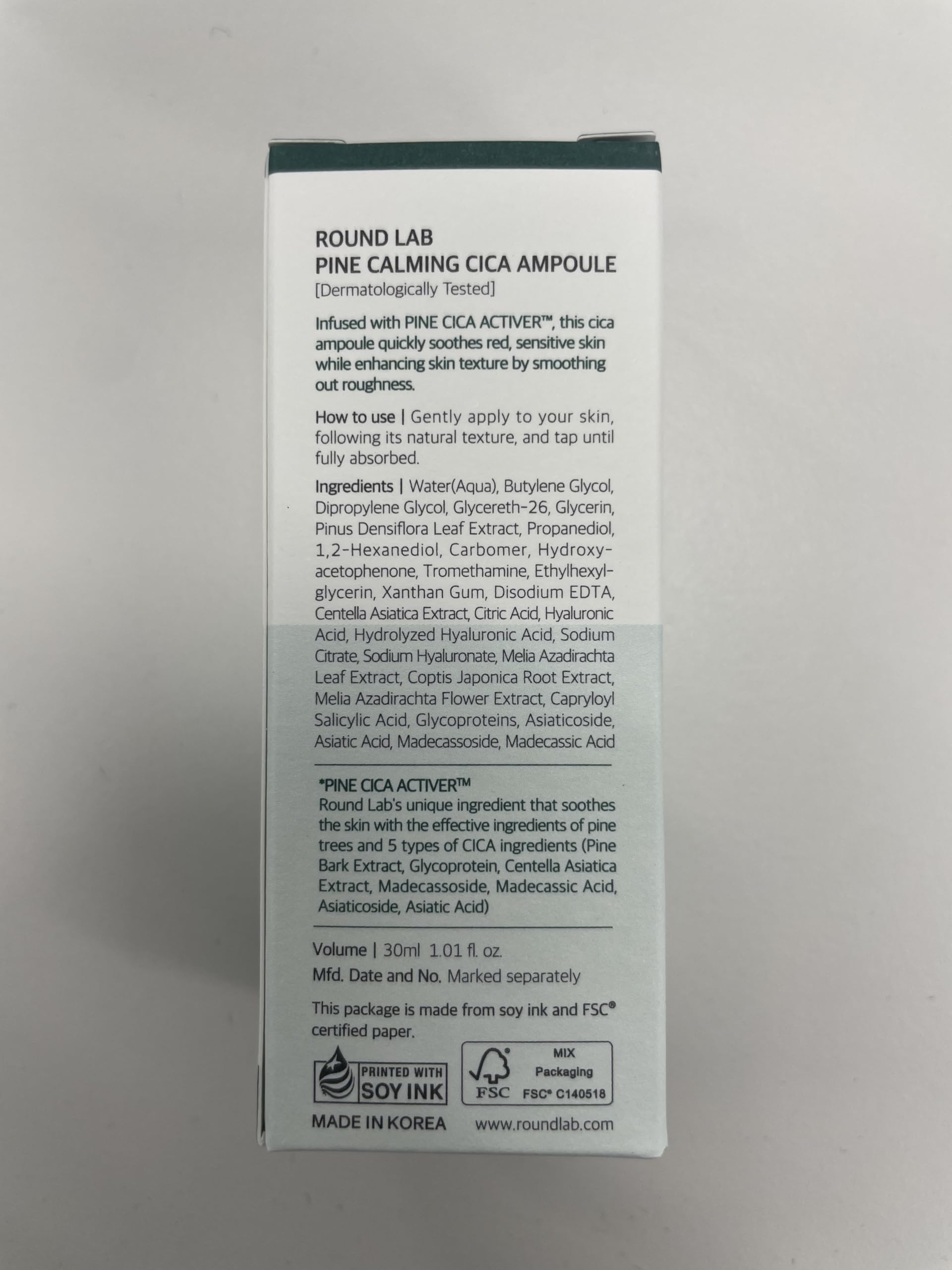 ROUND LAB Pine Calming Cica Ampoule promotes a calm, balanced complexion over time