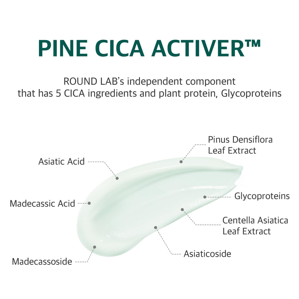 ROUND LAB Pine Calming Cica Activ ingredients close-up emphasizes soothing botanicals