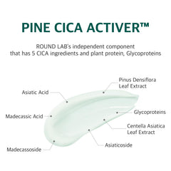 ROUND LAB Pine Calming Cica Activ ingredients close-up emphasizes soothing botanicals