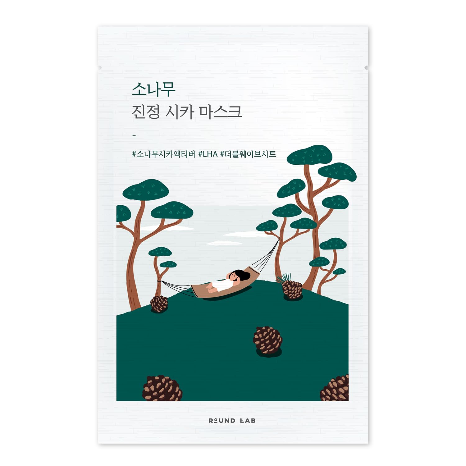 ROUND LAB Pine Calming Cica Mask packaging shows calming ingredients for soothing skin