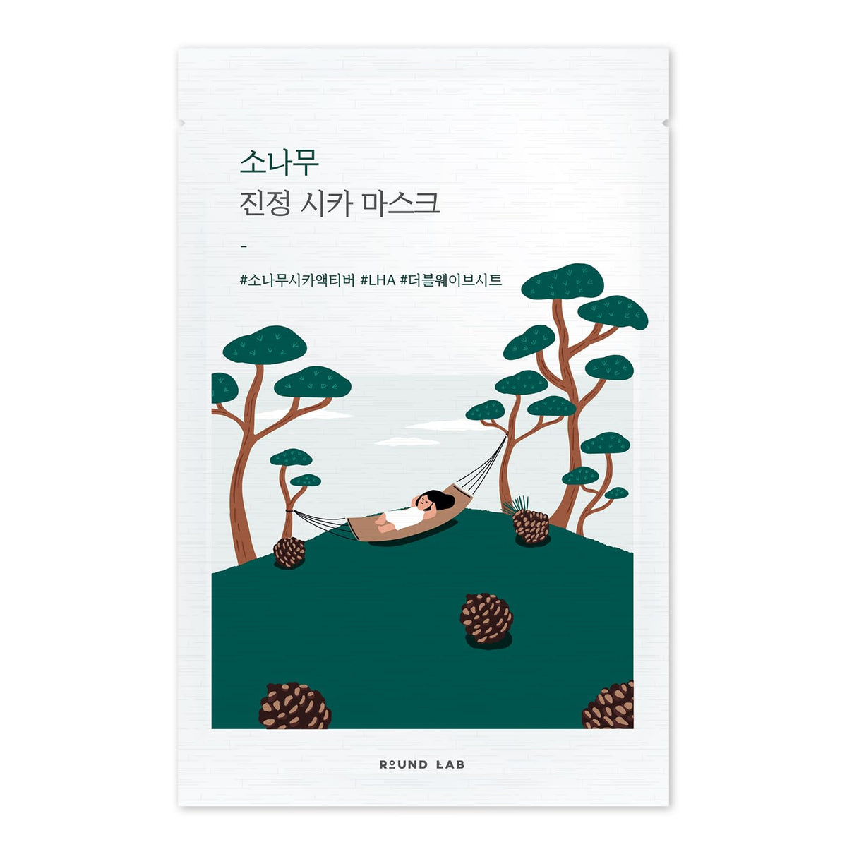 ROUND LAB Pine Calming Cica Mask packaging shows calming ingredients for soothing skin