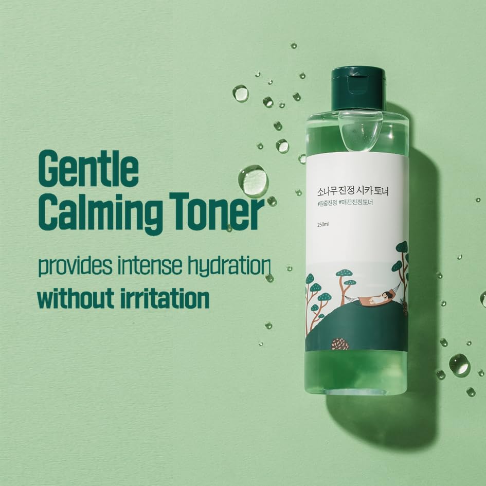 ROUND LAB Pine Cica Activ bottle emphasizes calming formula for irritated skin relief.