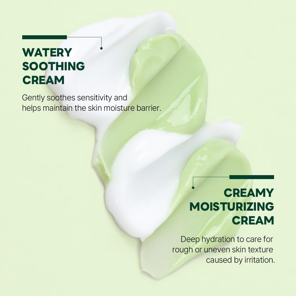 ROUND LAB Pine Cica Calming Cream Plus closeup dual-texture application—quick absorption