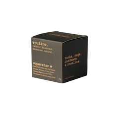 Routine ingredients shot—tonka, sage, cardamom, Rosalina provide natural fragrance.