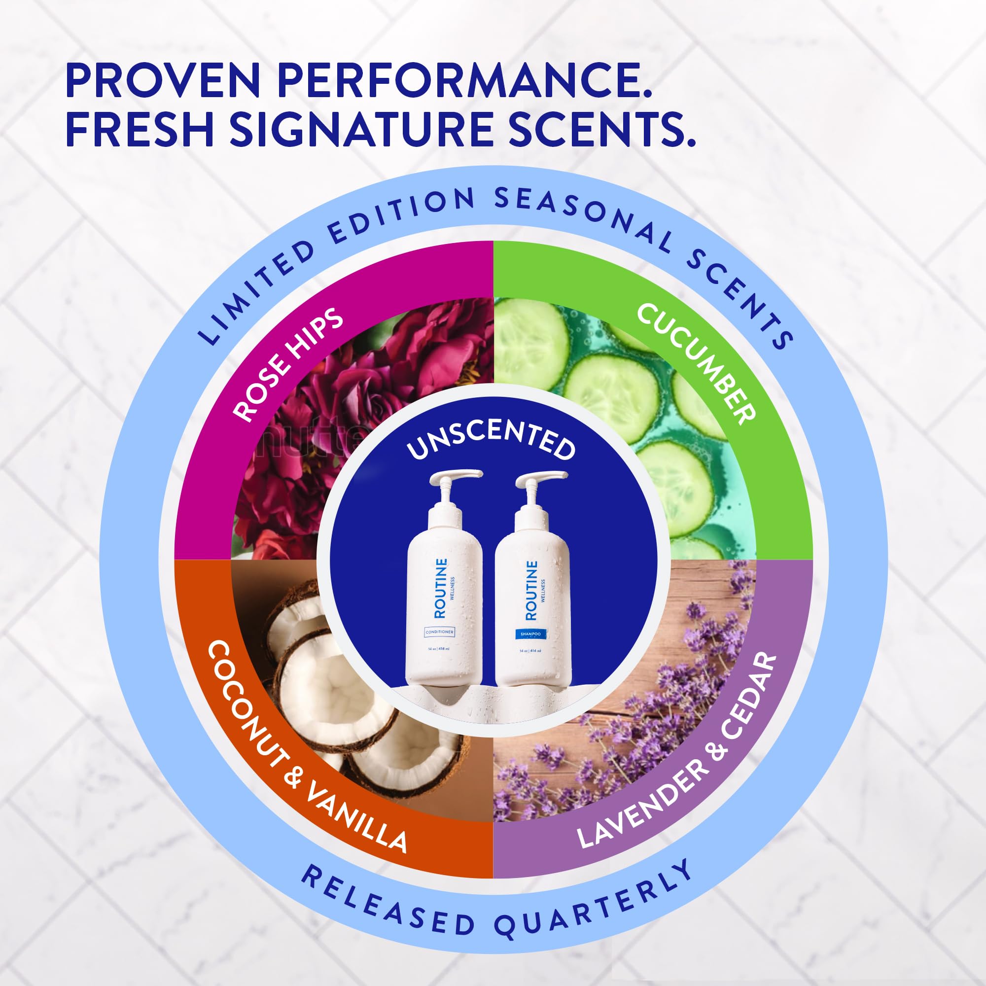 Routine Wellness conditioner on bathroom counter with lavender sachet evokes spa-like hair care