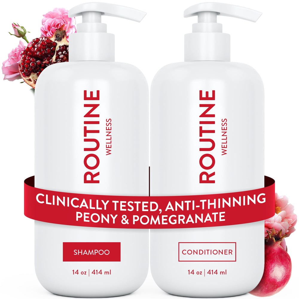 Routine Wellness anti-thinning shampoo bottle close-up highlighting fuller-looking hair
