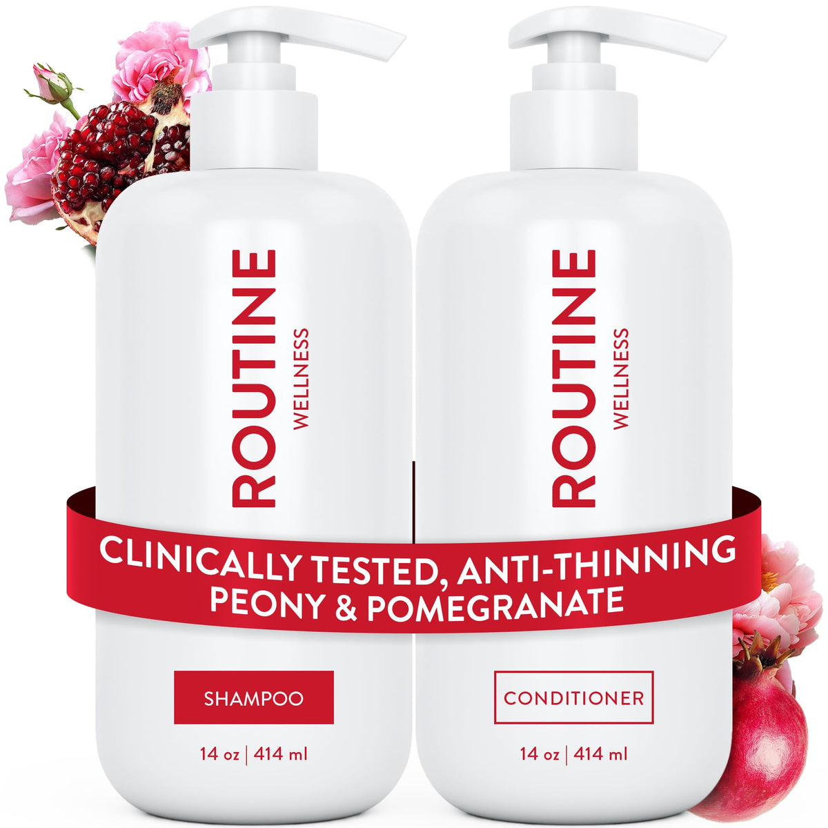 Routine Wellness anti-thinning shampoo bottle close-up highlighting fuller-looking hair