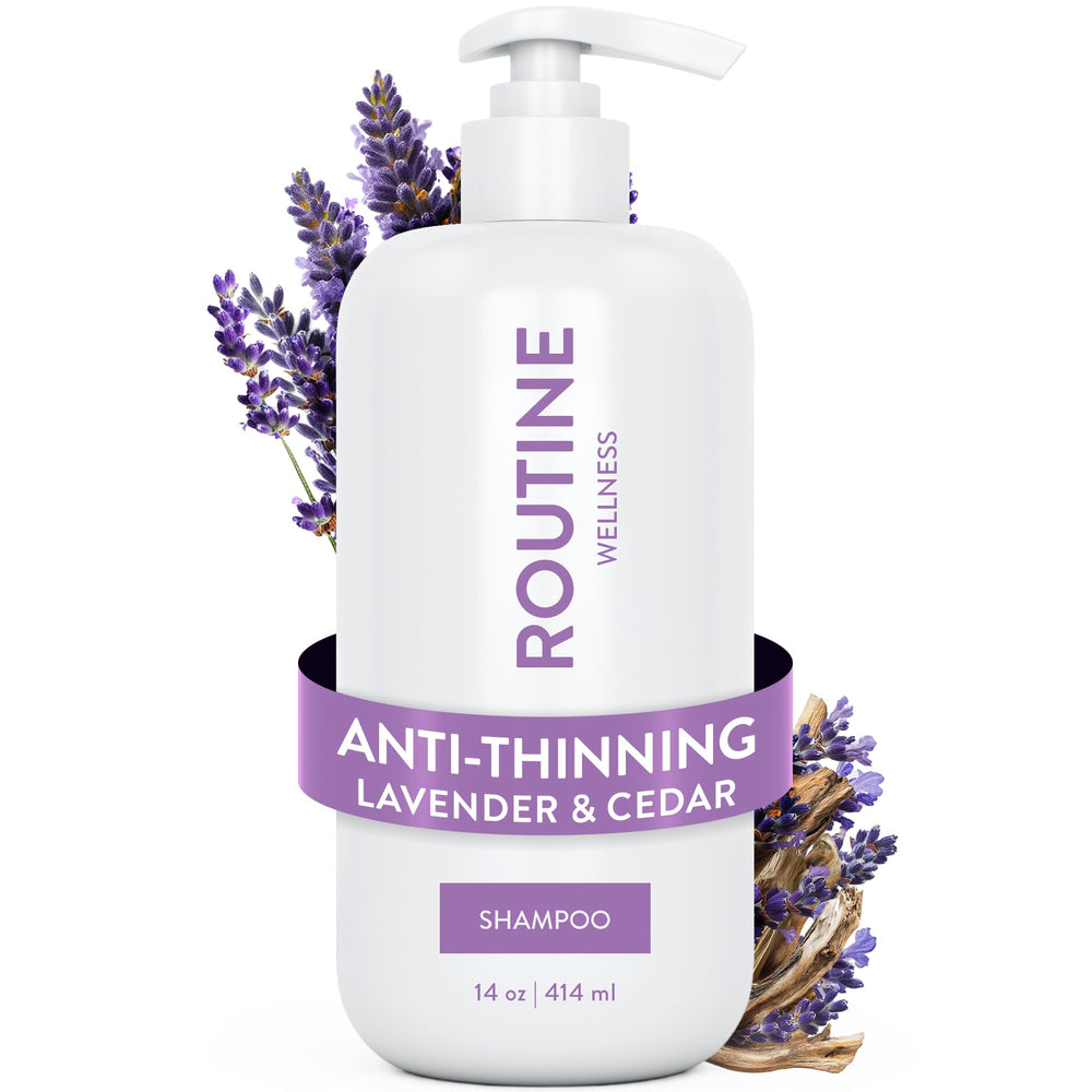 Routine Wellness anti-thinning shampoo bottle with lavender scent suggests fuller-looking hair.