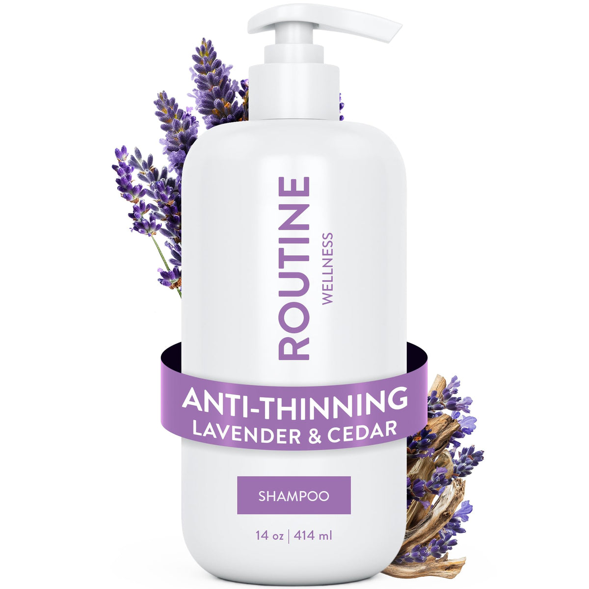 Routine Wellness anti-thinning shampoo bottle with lavender scent suggests fuller-looking hair.