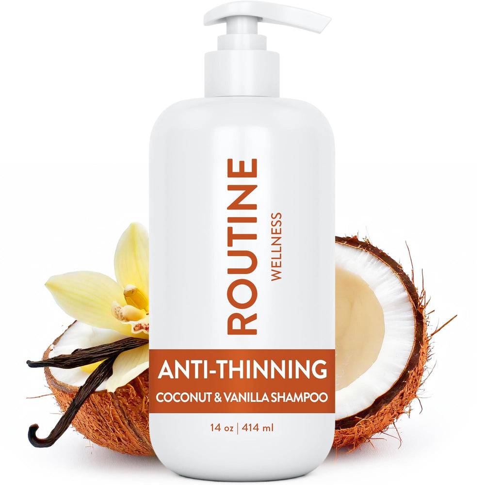 Routine Wellness anti-thinning shampoo bottle pours, suggesting a gentle cleanse that supports fuller-looking hair.