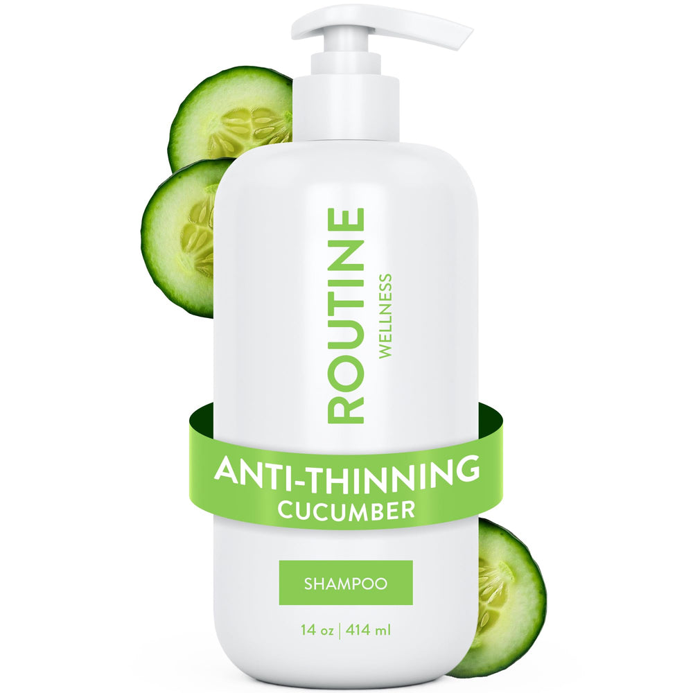 Routine Wellness anti-thinning shampoo bottle shows color-safe cleansing for fuller-looking hair.