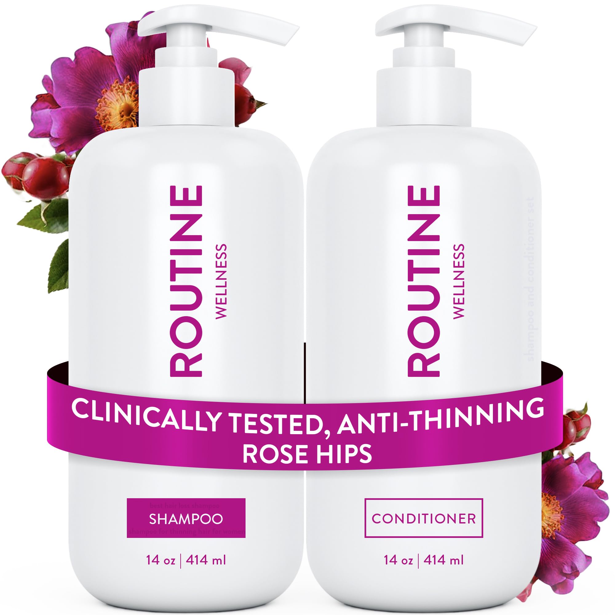 Routine Wellness anti-thinning shampoo bottle showing volumizing action for fuller hair