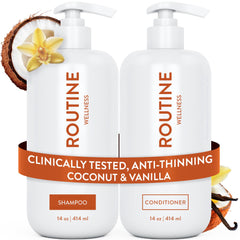 Routine Wellness anti-thinning shampoo bottle—strengthens hair and reduces breakage.