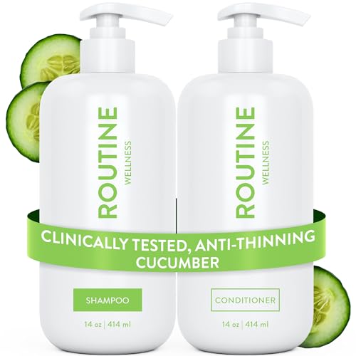Routine Wellness anti-thinning shampoo bottle demonstrates potential for fuller-looking hair.