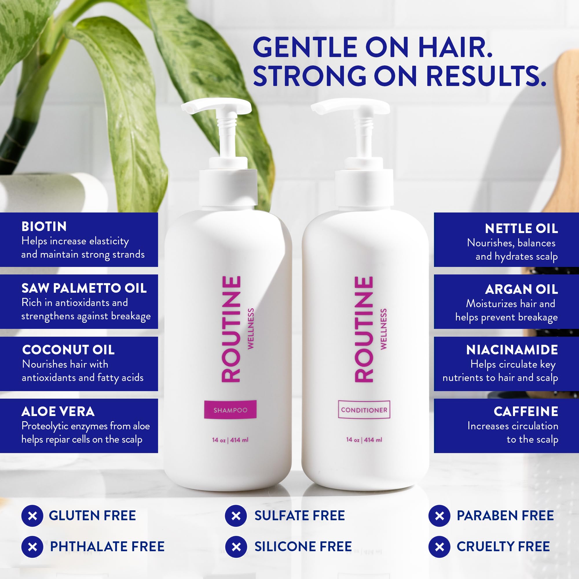 Closeup of Routine Wellness conditioner yielding silky, detangled hair