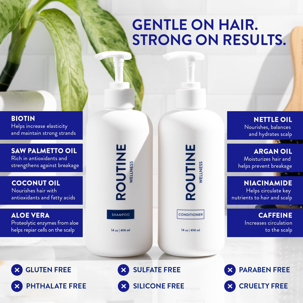 Routine Wellness hair strands close-up showing healthier-looking hair and shine.