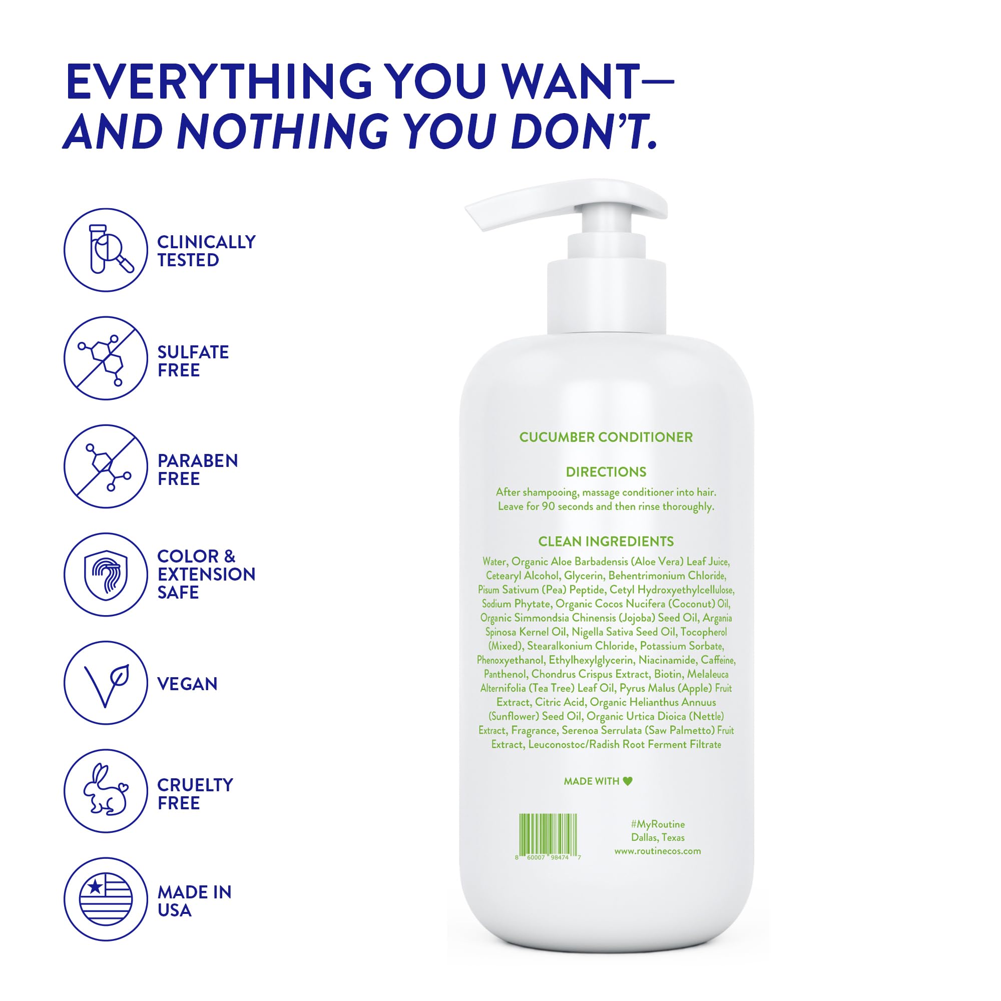 Ingredient panel shows vegan and sulfate-free formula for Routine Wellness conditioner