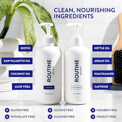 Routine Wellness pea peptides illustration emphasizes strengthening ingredients for healthier scalp.
