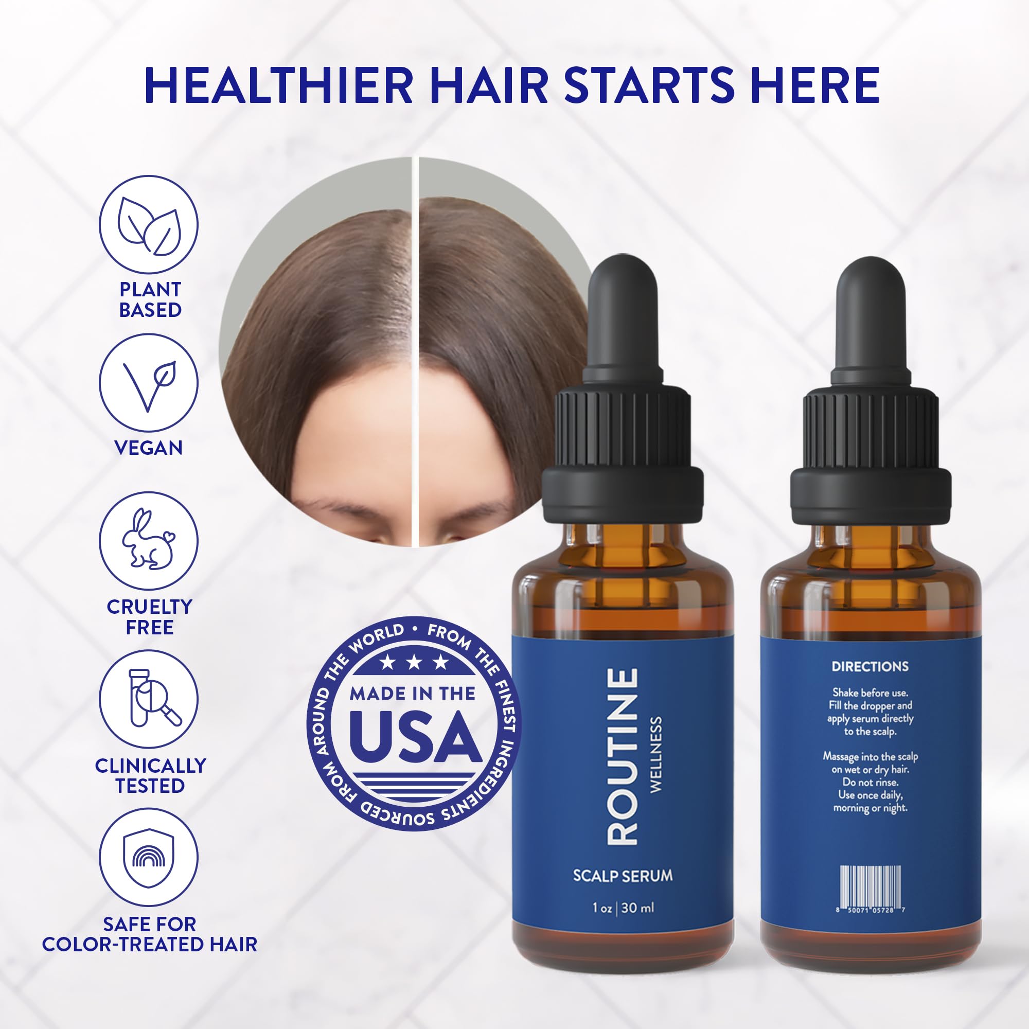 Routine Wellness scalp serum application on scalp demonstrates quick, no-rinse routine for busy mornings