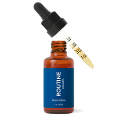 Routine Wellness scalp serum bottle shows a lightweight formula for fuller-looking hair and easy daily use