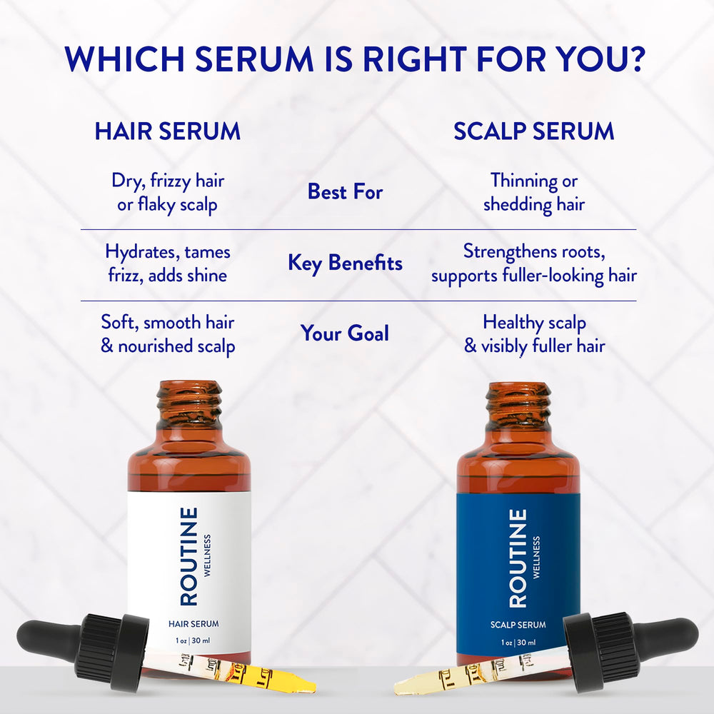 Routine Wellness scalp serum on hair root illustrates lightweight finish that leaves hair feeling clean and touchable