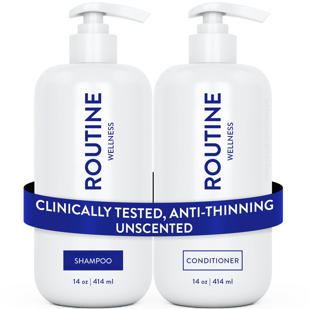 Routine Wellness shampoo bottle top view, color-safe formula for all hair types.