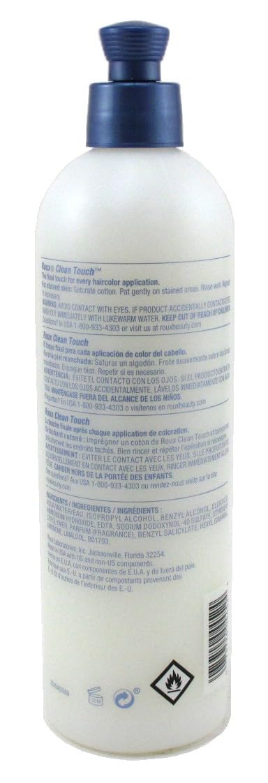 Roux Clean Touch Hair Color Stain Remover label close-up showing stain-removal formula