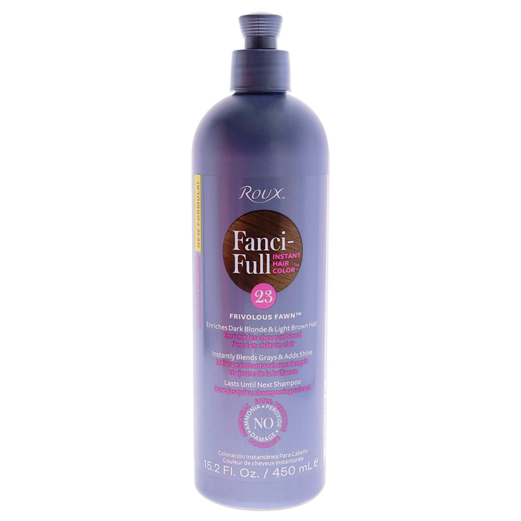 Roux Fanci-Full Frivolous Fawn bottle demonstrates instant color rinse for gray blending.