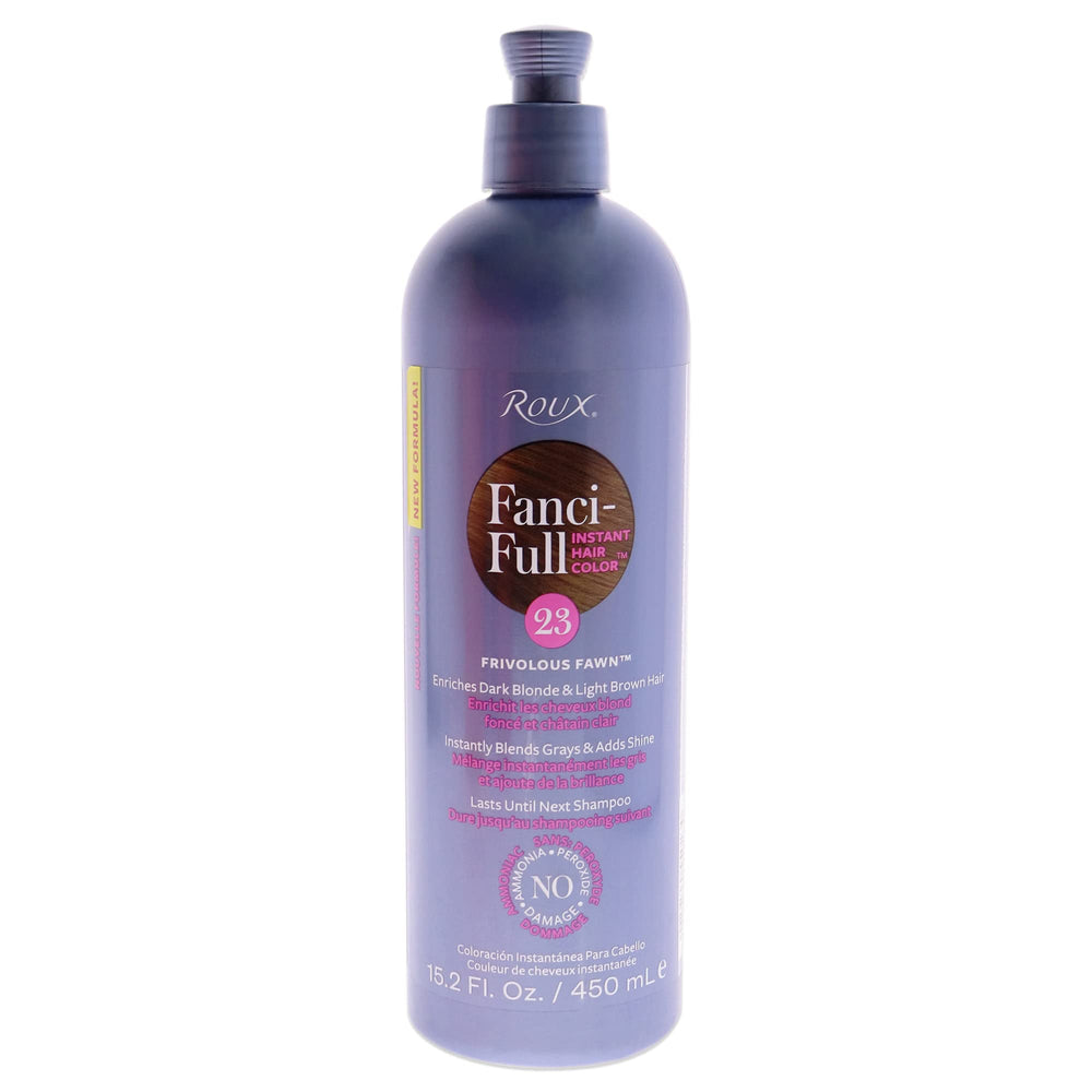Roux Fanci-Full Frivolous Fawn bottle demonstrates instant color rinse for gray blending.