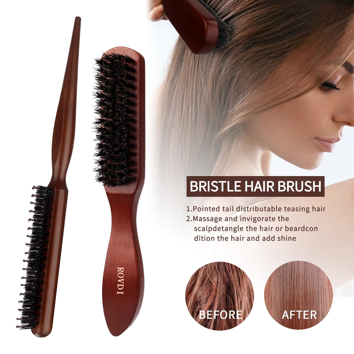 ROVDI wooden boar-bristle brushes gliding through hair for smooth detangling and shine