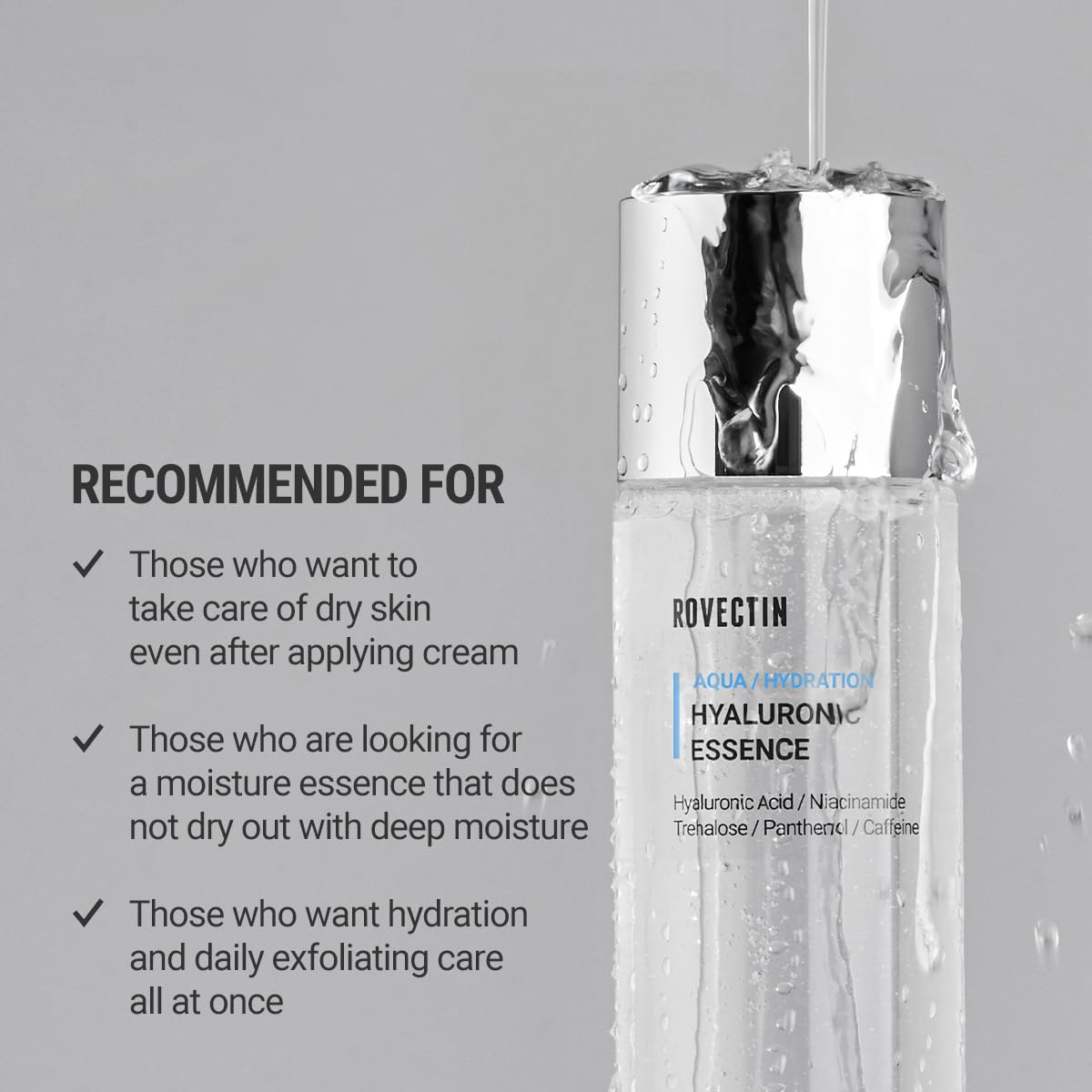 ROVECTIN Aqua Hyaluronic Essence 7-layer hyaluronic graphic illustrates multi-depth hydration.