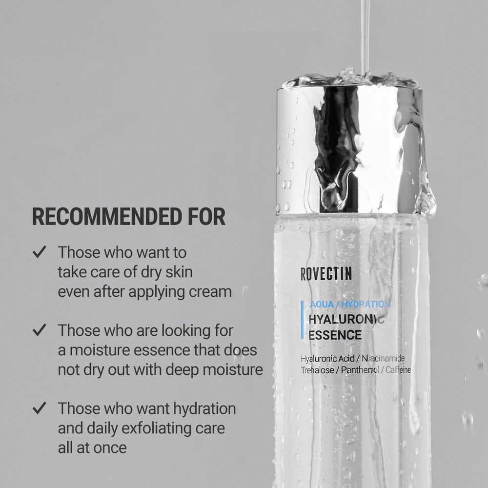 ROVECTIN Aqua Hyaluronic Essence 7-layer hyaluronic graphic illustrates multi-depth hydration.