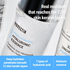 ROVECTIN Aqua Hyaluronic Essence bottle back label highlights vegan, fragrance-free formula for sensitive skin.