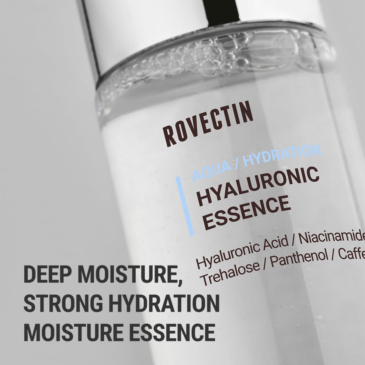 ROVECTIN Aqua Hyaluronic Essence ingredients panel showcases antioxidants and gentle exfoliants.