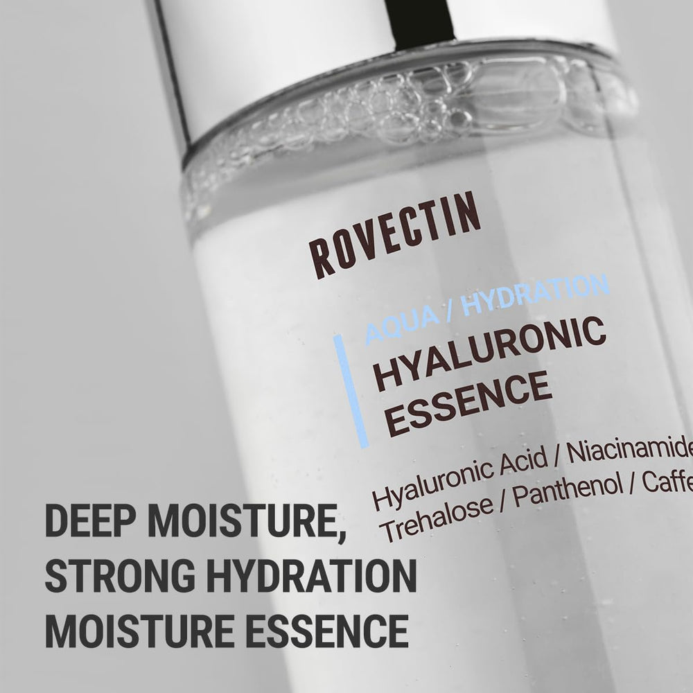 ROVECTIN Aqua Hyaluronic Essence ingredients panel showcases antioxidants and gentle exfoliants.