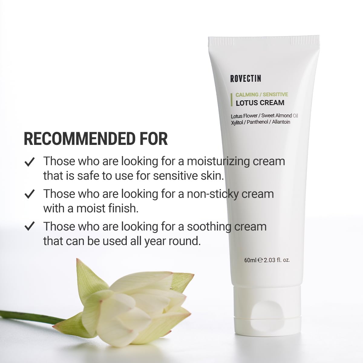 ROVECTIN Calming Lotus Cream tub with ingredients list emphasizing cruelty-free and paraben-free