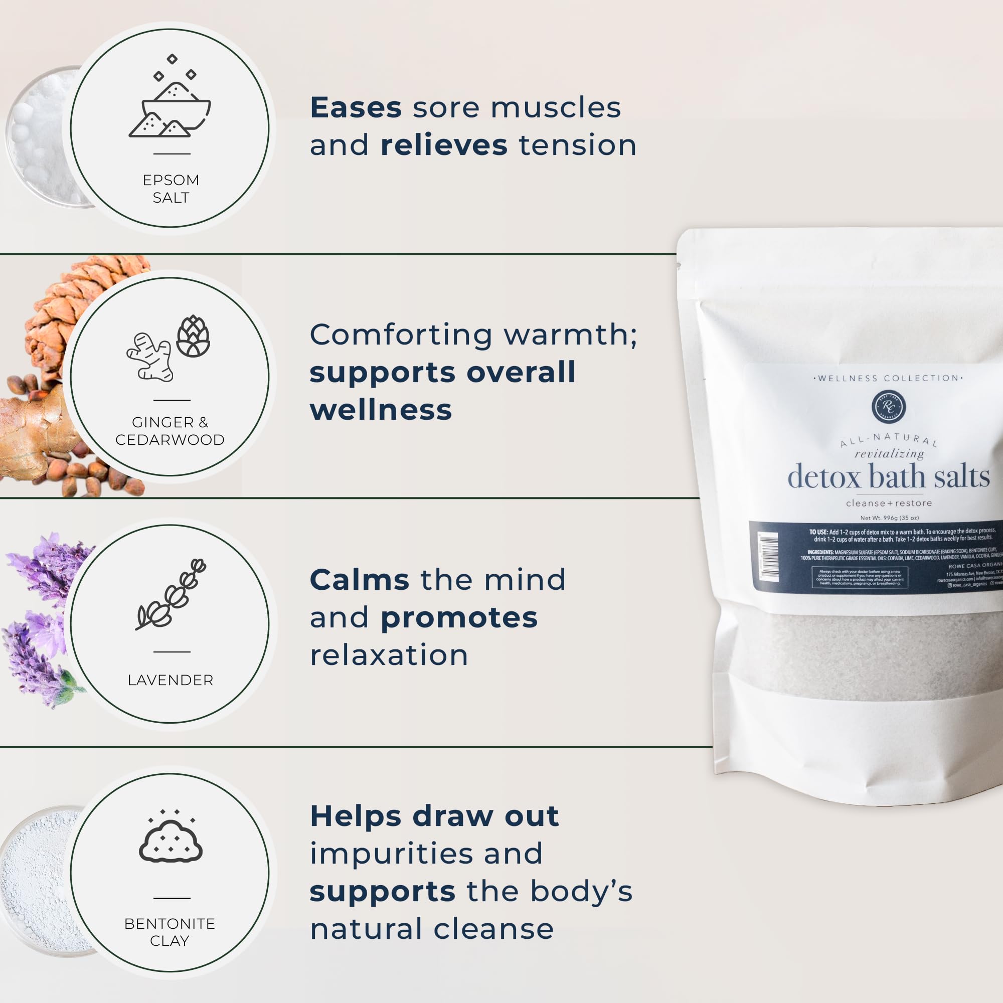 Rowe Casa Organics Detox Bath Salts bentonite clay detail highlights detox support and skin cleansing.