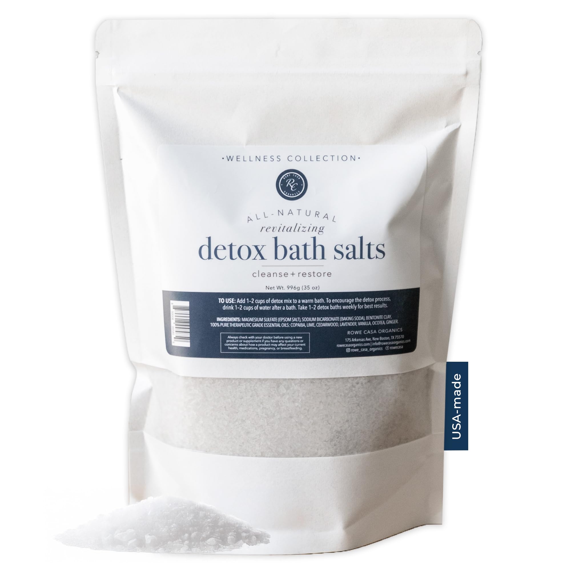 Rowe Casa Organics Detox Bath Salts bottle shows magnesium blend for relaxation and spa-worthy soak.