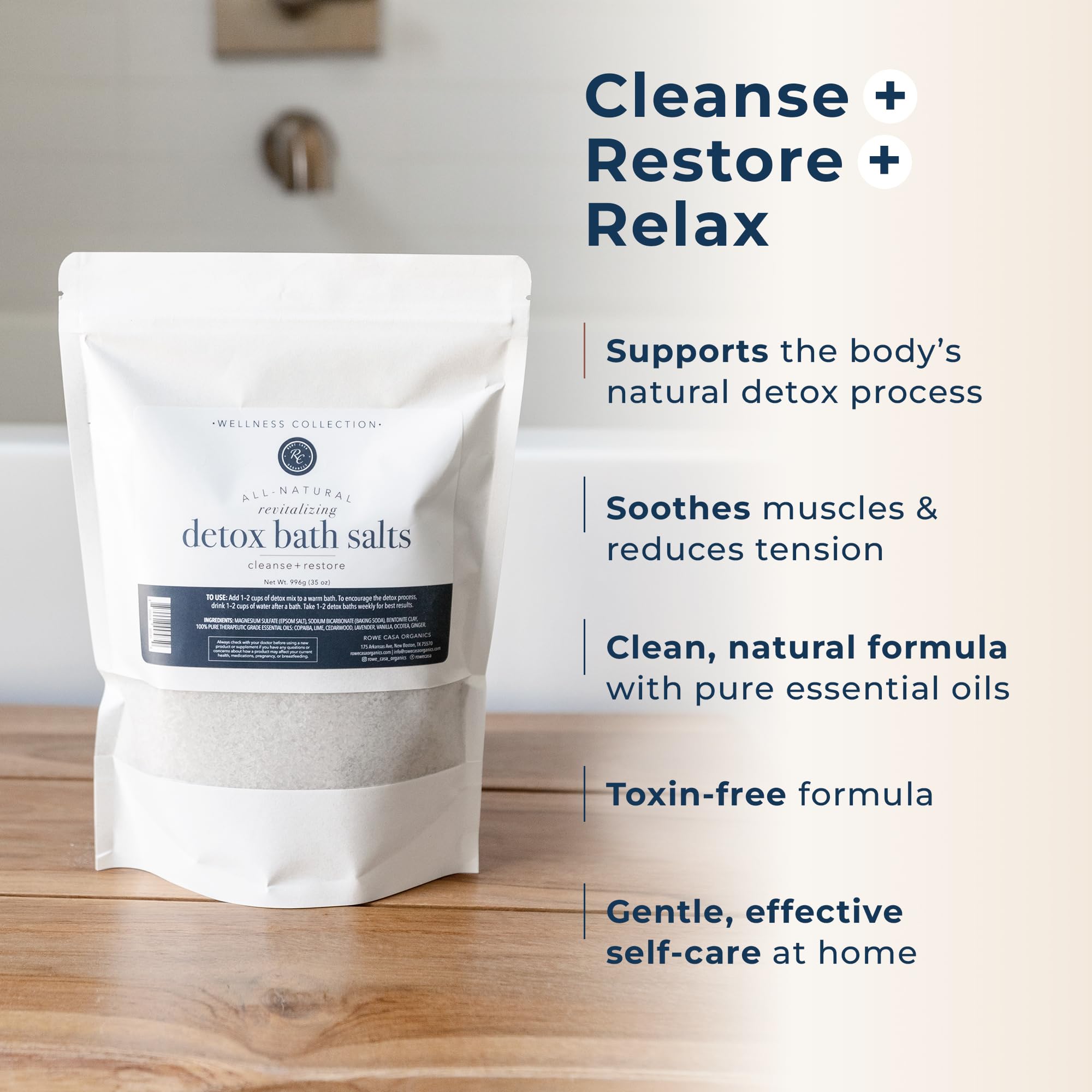 Rowe Casa Organics Detox Bath Salts essential oils bottle hints at aromatherapy for calm rituals.