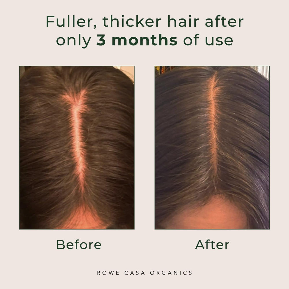 Rowe Casa Organics hair spritz on hair strands shows volumizing effect.