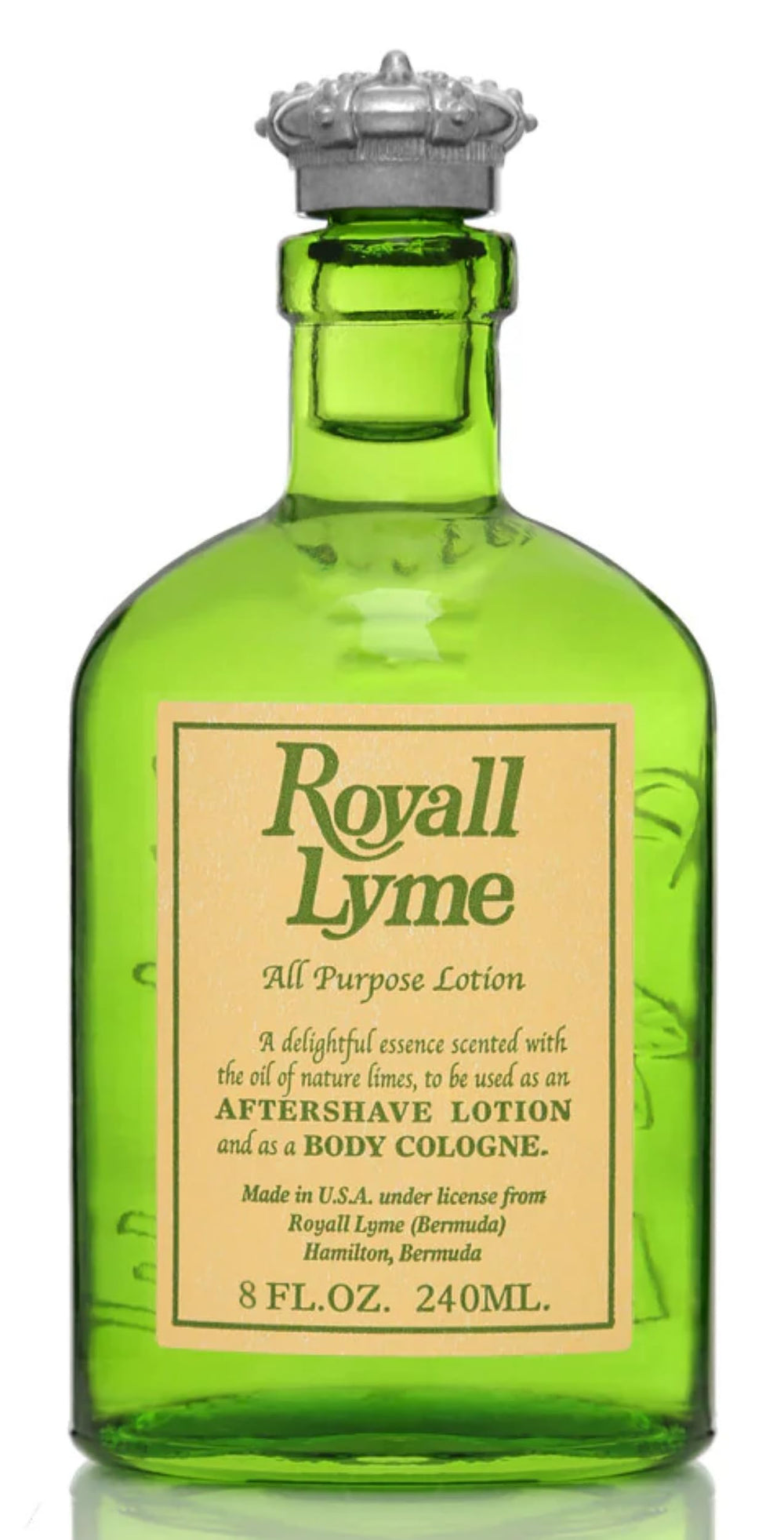 Royall Lyme all-purpose lotion bottle showing crisp lime scent for after-shave cooling.