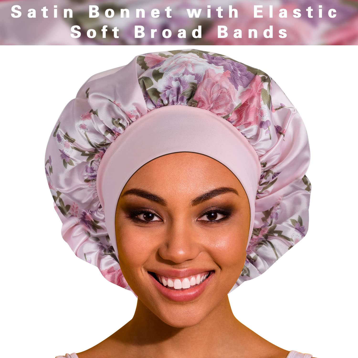 ROYBENS satin bonnet worn showing broad elastic band for comfortable sleep
